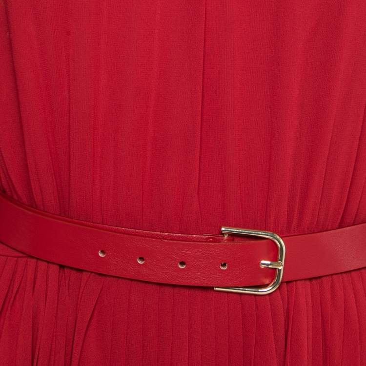Pre Owned Max Mara Studio Red Chiffon Belted Pleated Dress M