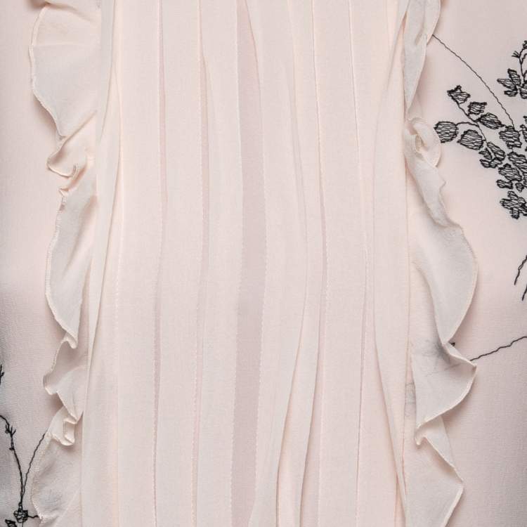 Pre Owned Max Mara Studio Pink Silk Floral Embroidered Ruffle Trimmed Dress S