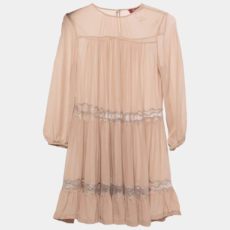 Pre Owned Max Mara Studio Beige Silk And Lace Insert Tunic Dress S