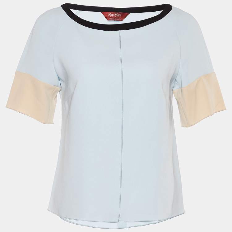 Pre Owned Max Mara Studio Blue Crepe Contrast Sleeve Blouse M