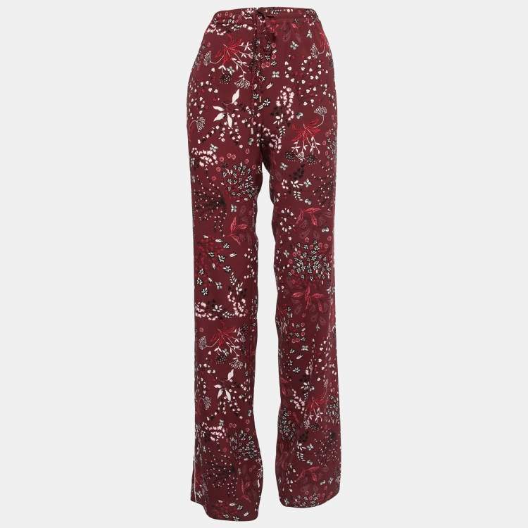 Max Mara Studio Burgundy Floral Printed Crepe Elasticized Waist Pallazo