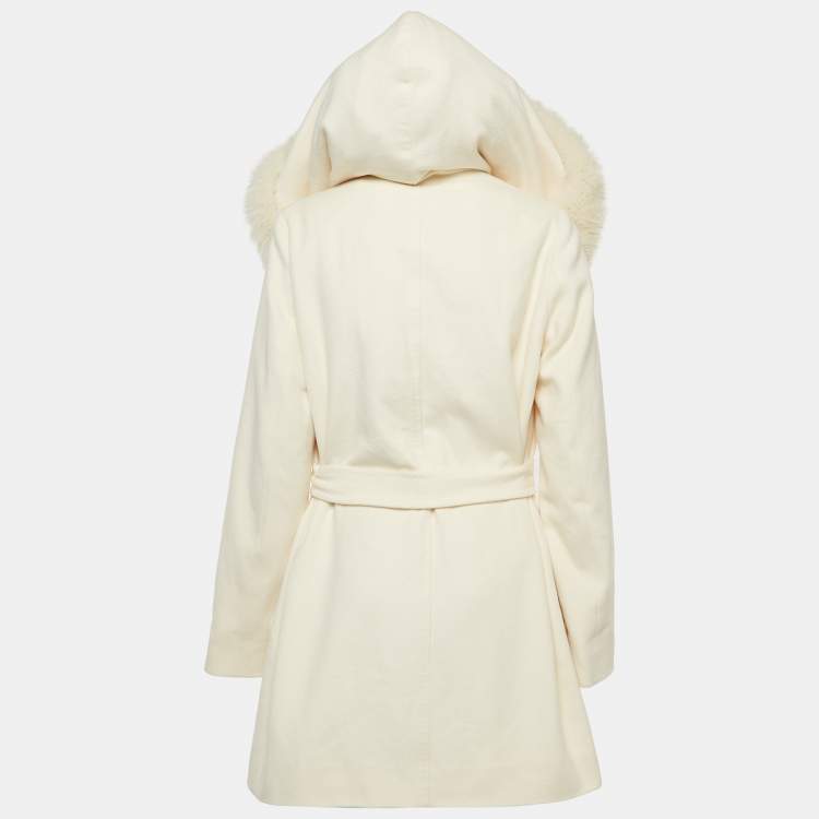 Pre Owned Max Mara Studio  Ivory White Hooded Belted Coat L