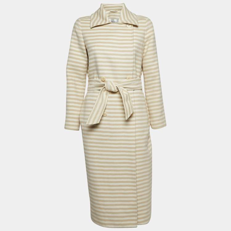 Pre Owned Max Mara Beige/White Stripe Wool Double Breasted Belted Trench Coat S