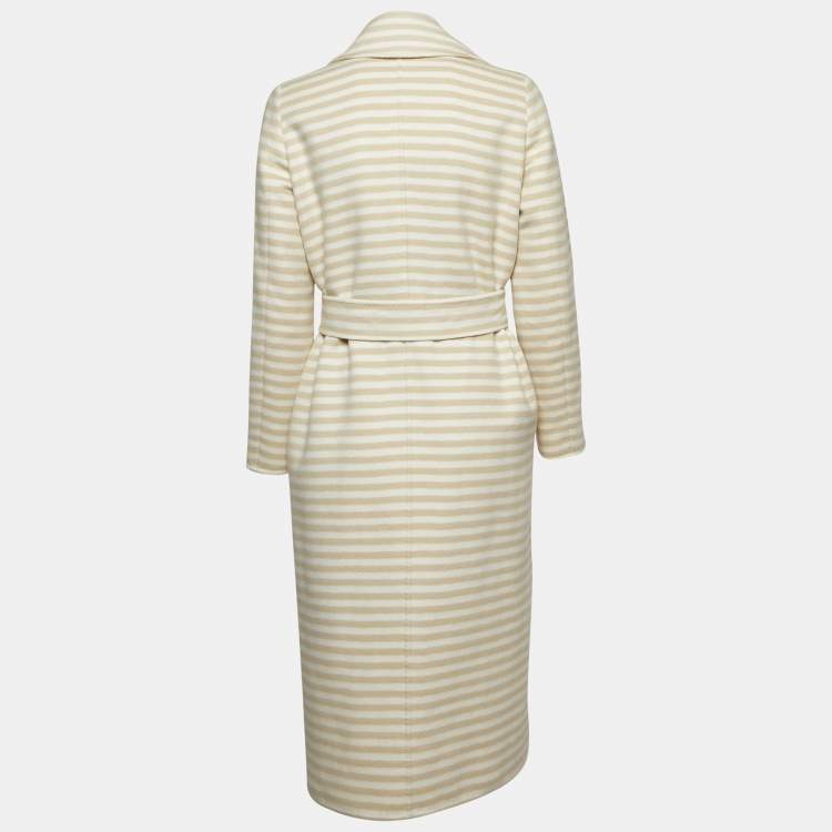 Pre Owned Max Mara Beige/White Stripe Wool Double Breasted Belted Trench Coat S