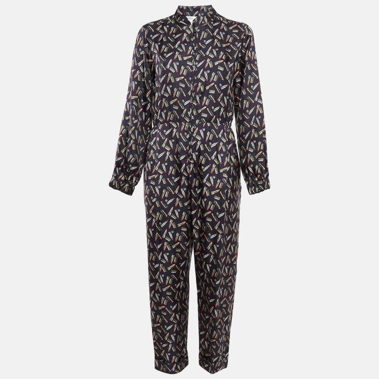 Pre Owned Max Mara Blue Lipsticks Print Silk Zip-Up Jumpsuit M
