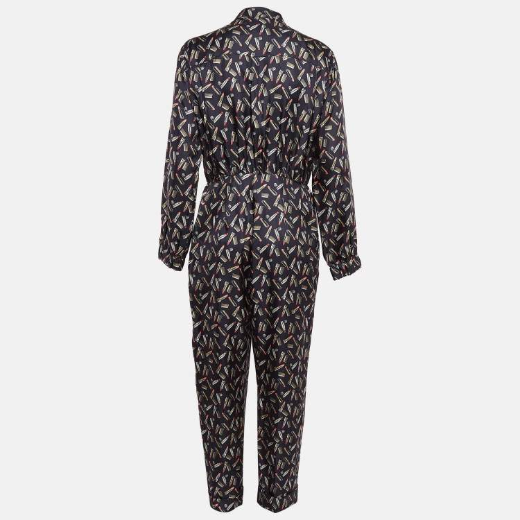 Pre Owned Max Mara Blue Lipsticks Print Silk Zip-Up Jumpsuit M