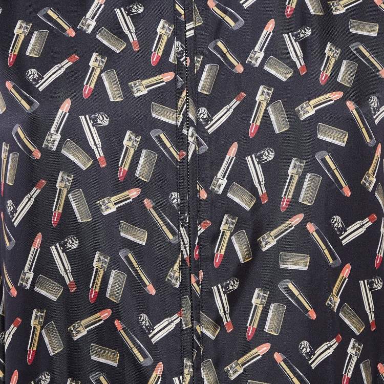 Pre Owned Max Mara Blue Lipsticks Print Silk Zip-Up Jumpsuit M