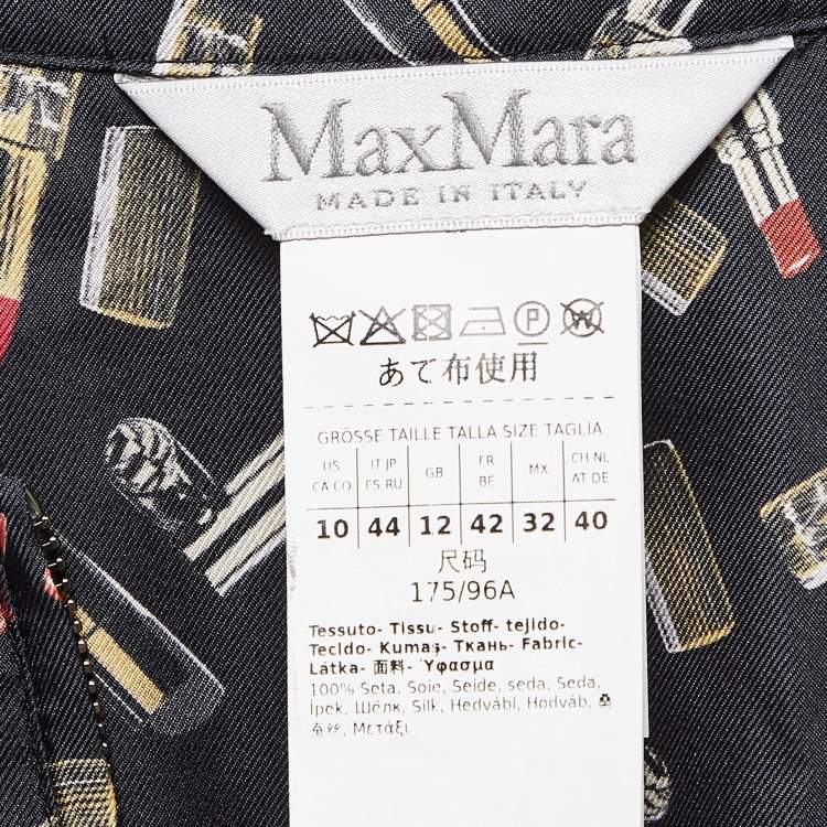 Pre Owned Max Mara Blue Lipsticks Print Silk Zip-Up Jumpsuit M