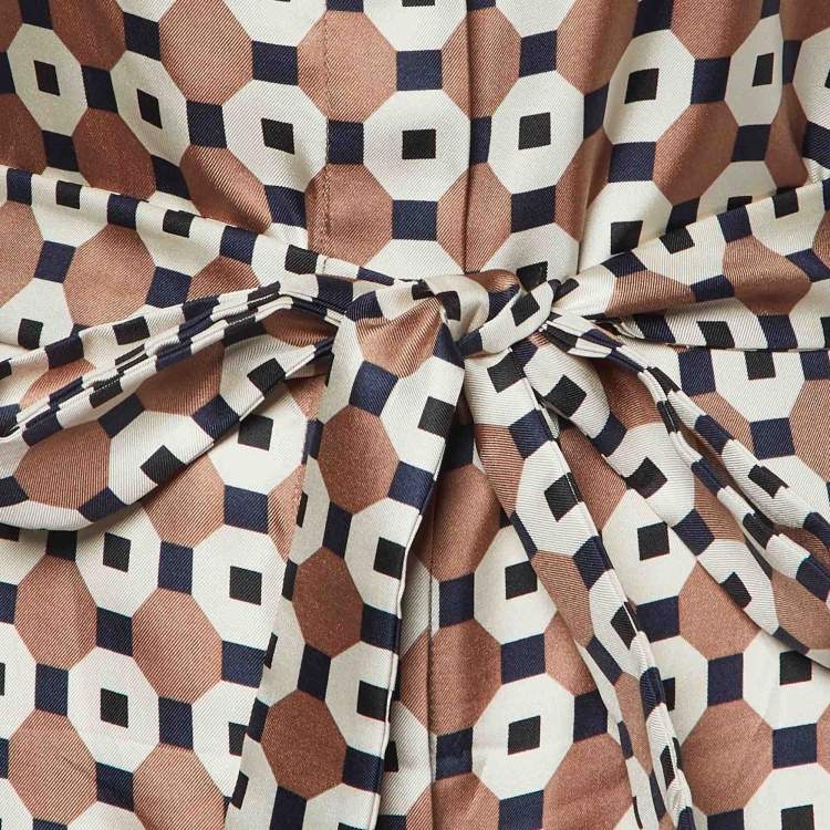 Pre Owned S'Max Mara Brown Geometric Print Silk Belted Shirt Dress S