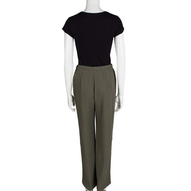 Pre Owned Max Mara Olive Green Wool High Waist Wide Leg Trousers M