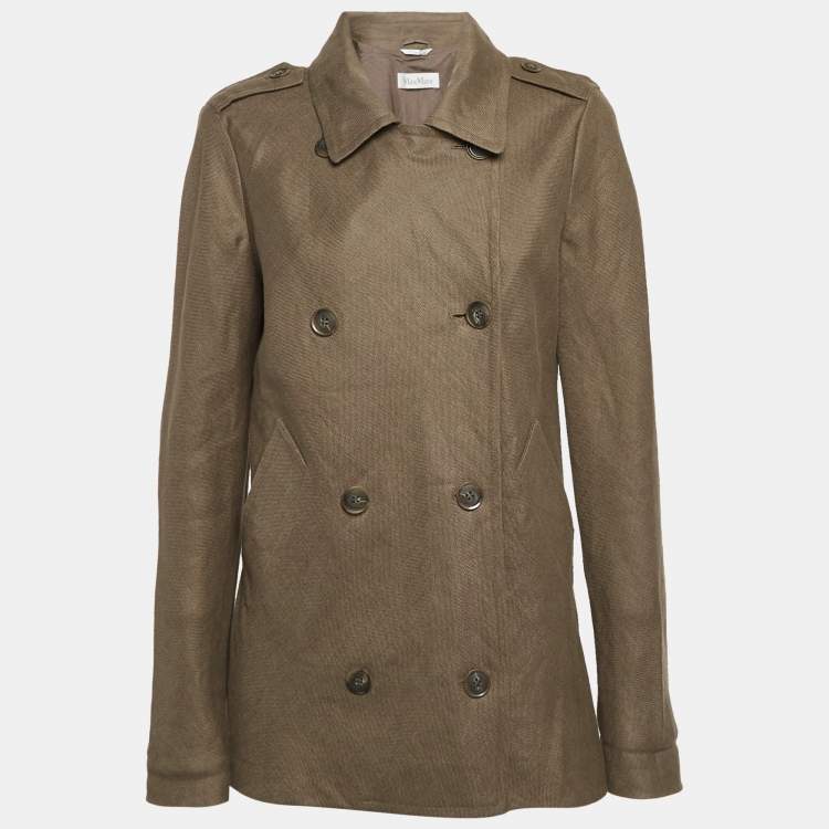 Pre Owned Max Mara Sage Green Linen Double Breasted Mid length Coat L