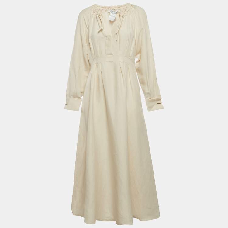 Pre Owned Max Mara Cream Linen Blend Pleated Midi Drina Dress M