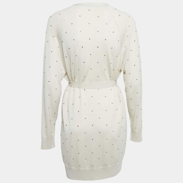 Pre Owned Max Mara Off White Embellished Knit Open Front Cardigan M