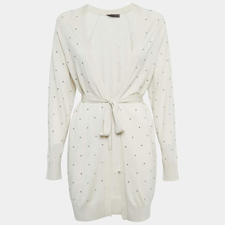 Pre Owned Max Mara Off White Embellished Knit Open Front Cardigan M