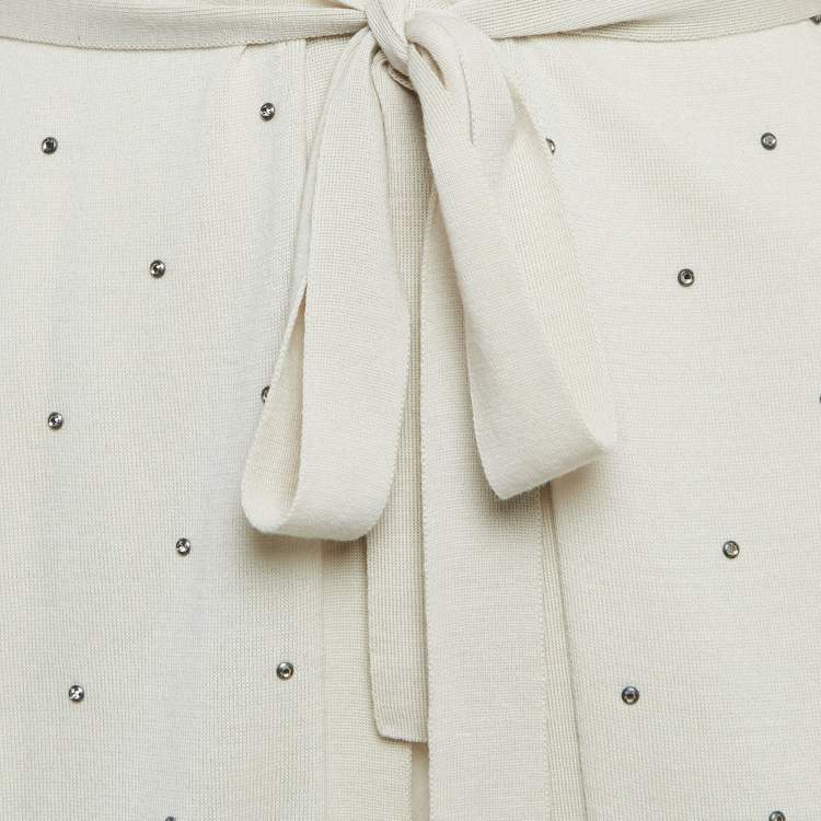 Pre Owned Max Mara Off White Embellished Knit Open Front Cardigan M