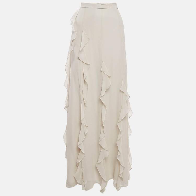 Pre Owned Max Mara Grey Silk Ruffled Maxi Skirt L