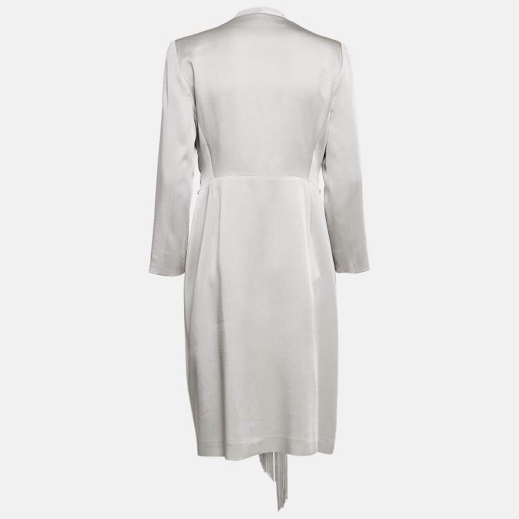 Pre Owned Max Mara Grey Crepe Fringe Cuff Detail Wrap Dress L