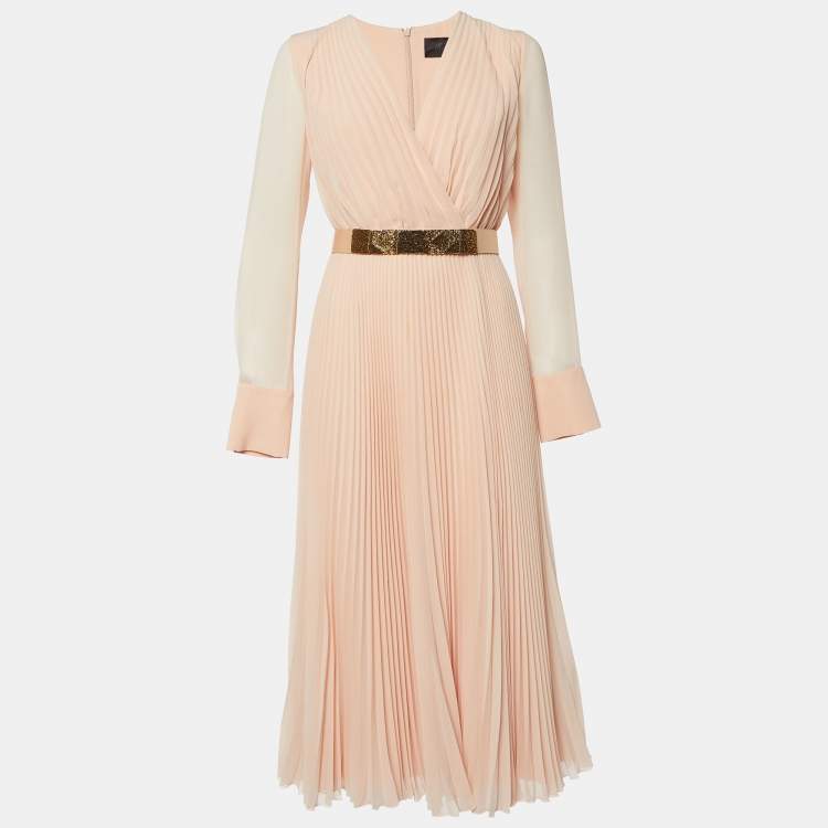 Pre Owned Max Mara Light Orange Pleated Georgette Belt Detail Sidra Midi Dress M
