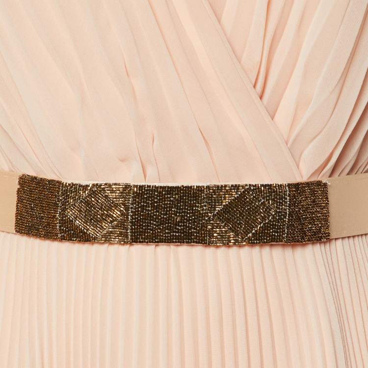 Pre Owned Max Mara Light Orange Pleated Georgette Belt Detail Sidra Midi Dress M