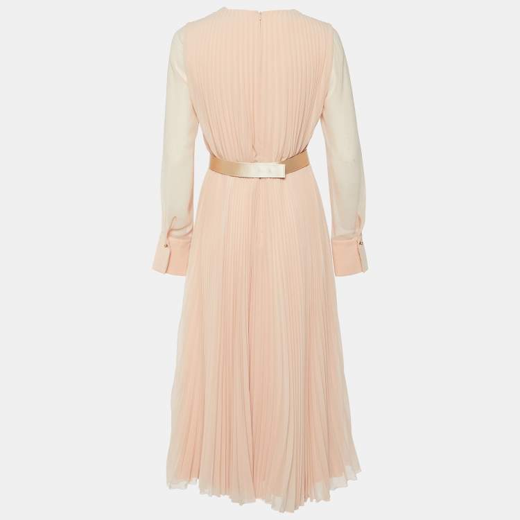 Pre Owned Max Mara Light Orange Pleated Georgette Belt Detail Sidra Midi Dress M