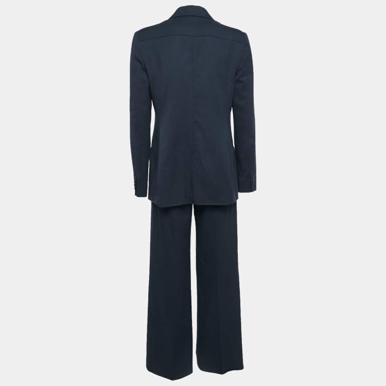 Pre Owned Max Mara Navy Blue Gabardine Cotton Tailored Pants Suit M
