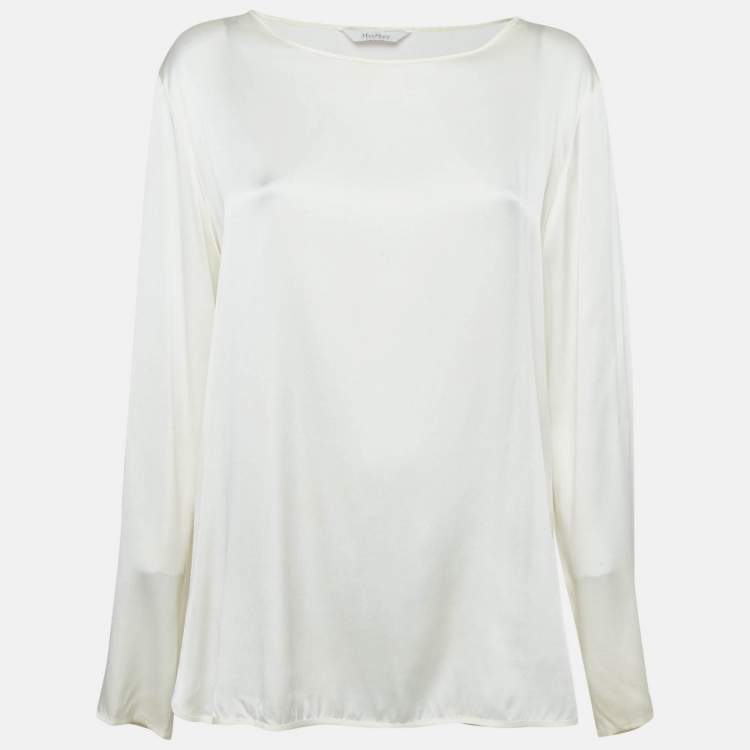 Pre Owned Max Mara Leisure Cream Satin Silk Long Sleeve Blouse XL