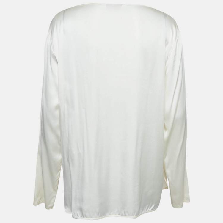 Pre Owned Max Mara Leisure Cream Satin Silk Long Sleeve Blouse XL