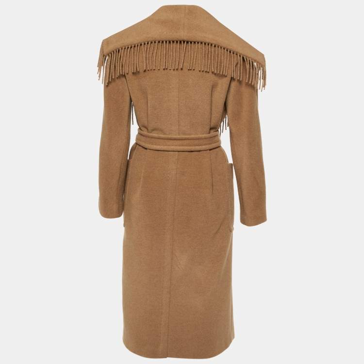 Pre Owned Max Mara Brown Camel Wool Fringed Wrap Coat S