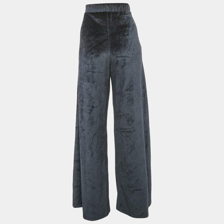Pre Owned Max Mara Navy Blue Velvet Knit Wide Leg Pants M