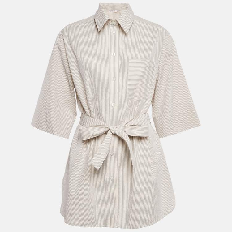 Pre Owned Max Mara Leisure Beige Seersucker Stripe Cotton Tie-Up Waist Detail Shirt L