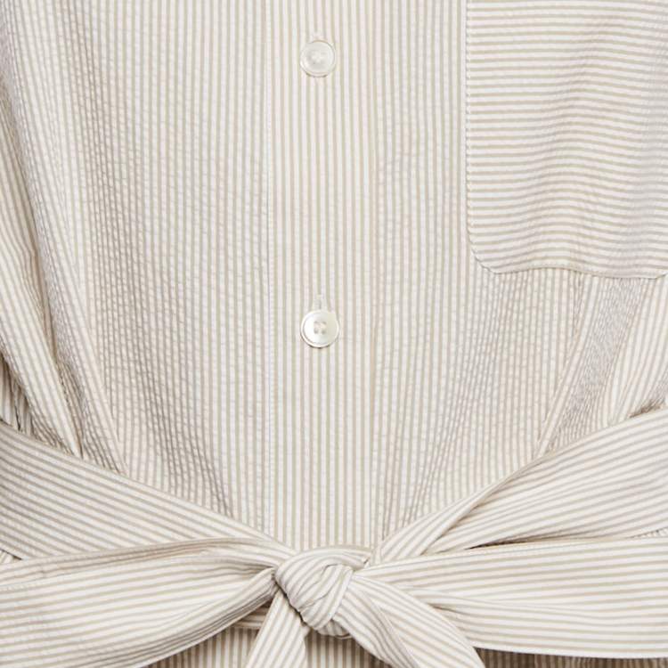 Pre Owned Max Mara Leisure Beige Seersucker Stripe Cotton Tie-Up Waist Detail Shirt L