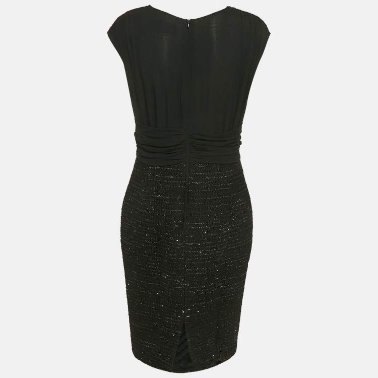 Pre Owned Max Mara Black Tweed and Silk Draped V-Neck Short Dress M