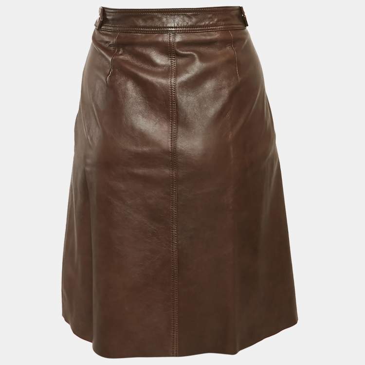 Pre Owned Max Mara Brown Leather Knee Length Skirt M