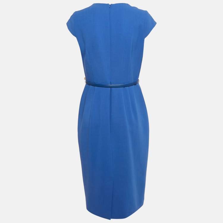 Pre Owned Max Mara Blue Wool Belted Midi Dress L