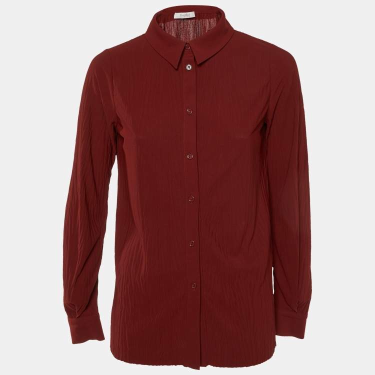 Pre Owned Max Mara Leisure Burgundy Crinkled Crepe Button Front Shirt S