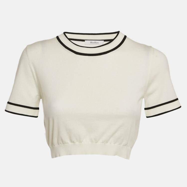 Pre Owned Max Mara White Cotton Knit Round Neck Cropped Top M