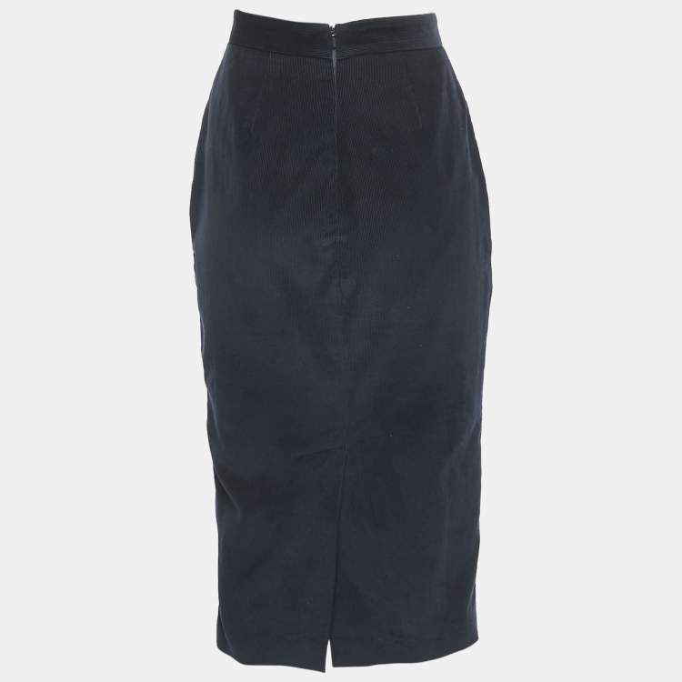 Pre Owned Max Mara Navy Blue Corduroy Button Detail Midi Skirt M