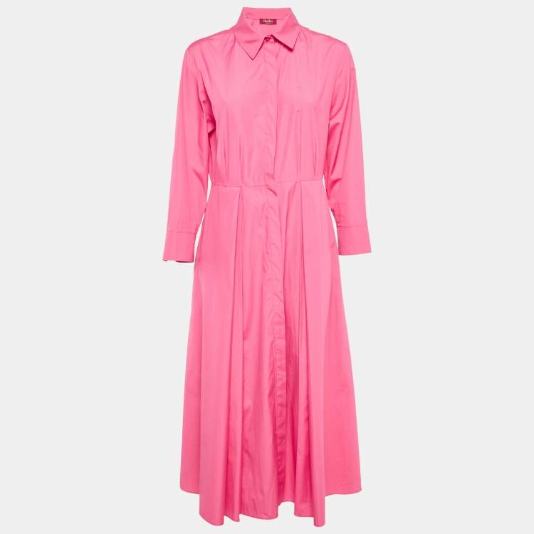 Pre Owned Max Mara Pink Cotton Pleated Midi Shirt Dress L