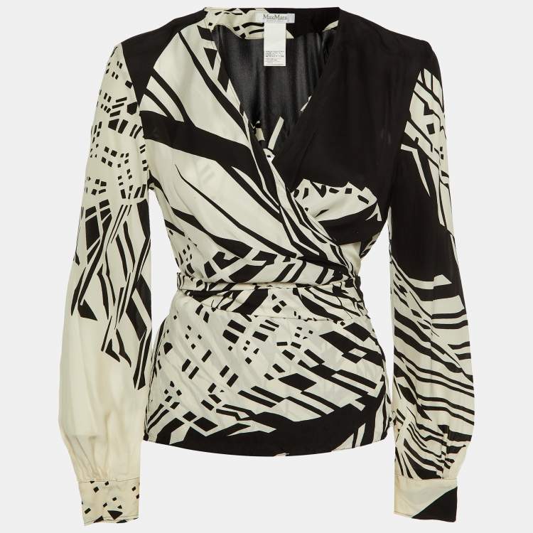 Pre Owned Max Mara Monochrome Printed Silk Wrap Top M