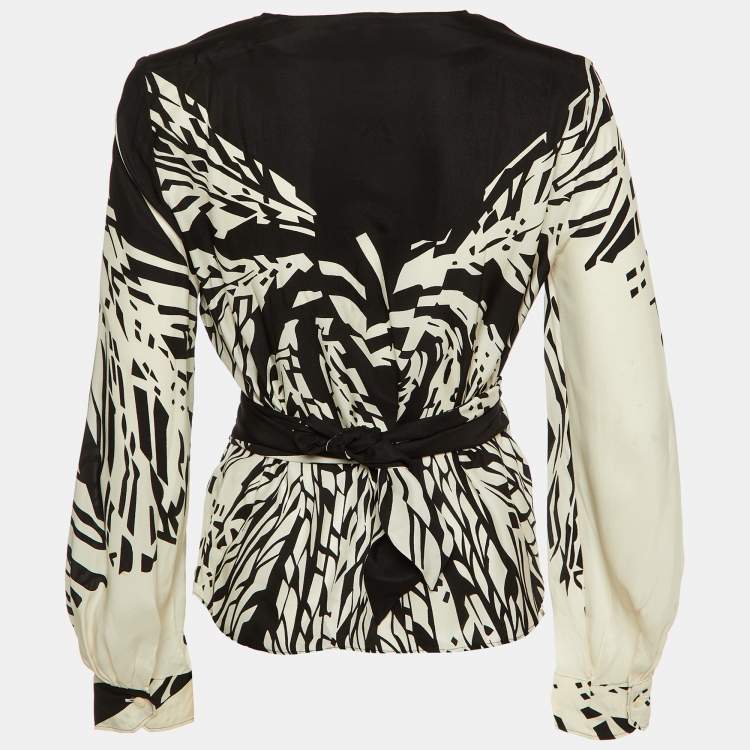 Pre Owned Max Mara Monochrome Printed Silk Wrap Top M