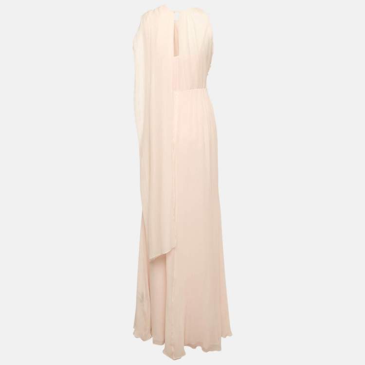 Pre Owned Max Mara Pink Silk Chiffon Gathered Sleeveless Long Dress S