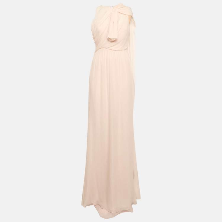 Pre Owned Max Mara Pink Silk Chiffon Gathered Sleeveless Long Dress S