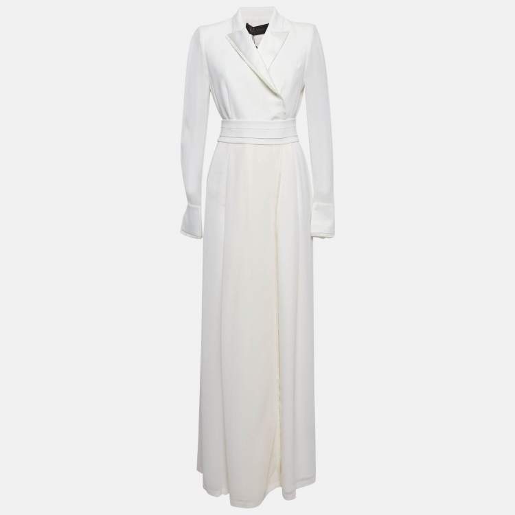 Pre Owned Max Mara White Satin and Silk Fringed Long Sleeve Maxi Dress M