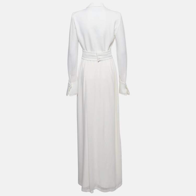 Pre Owned Max Mara White Satin and Silk Fringed Long Sleeve Maxi Dress M
