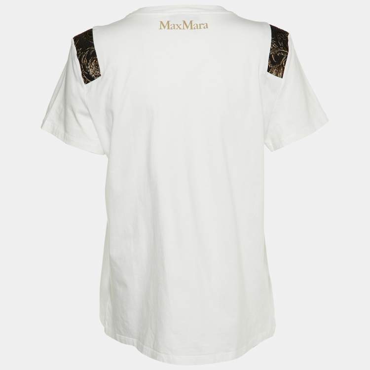 Pre Owned Max Mara White/Gold Patched Cotton Crew Neck T-Shirt L