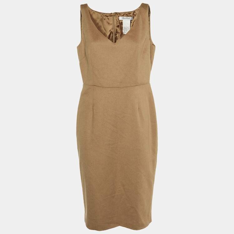 Pre Owned Max Mara Light Brown Camel Hair Sleeveless Sheath Dress L