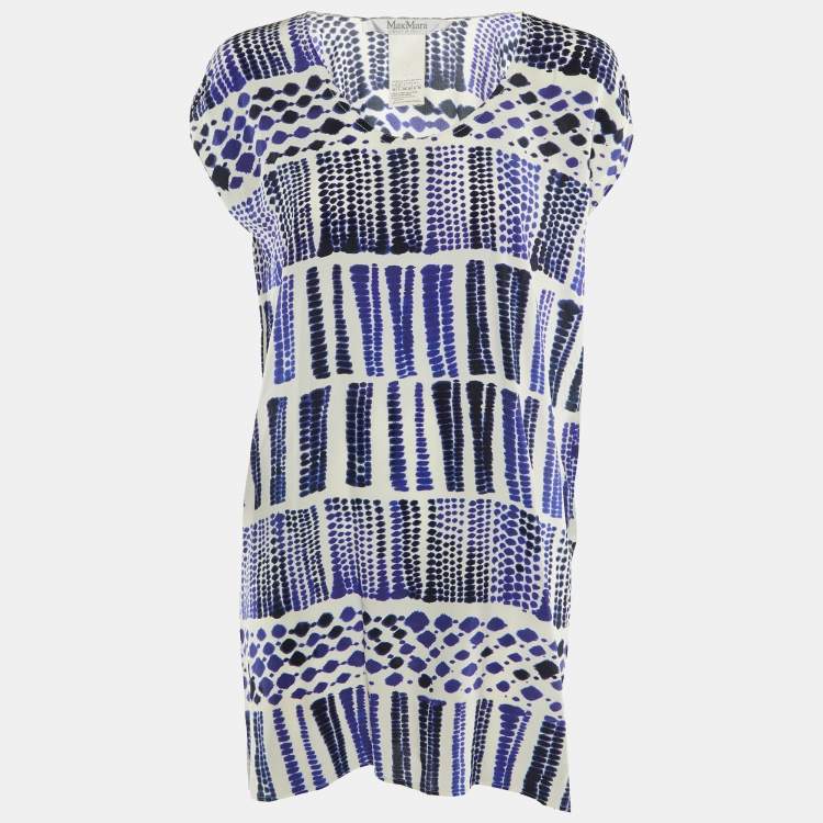 Pre Owned Max Mara Navy Blue & White Printed Silk Tunic S