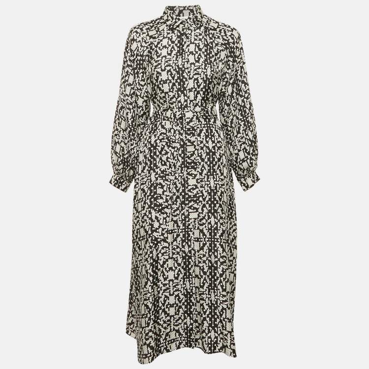 Pre Owned Max Mara Black Printed Silk Belted Alpe Midi Dress M
