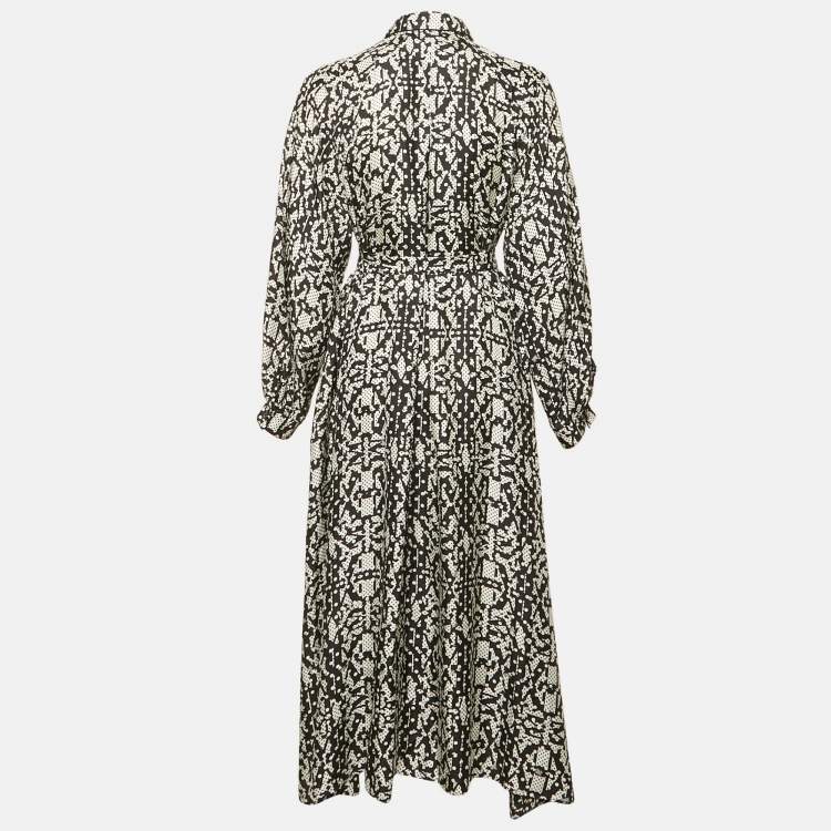Pre Owned Max Mara Black Printed Silk Belted Alpe Midi Dress M