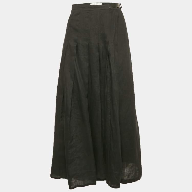 Pre Owned Max Mara Black Linen Pleated Maxi Wrap Skirt L